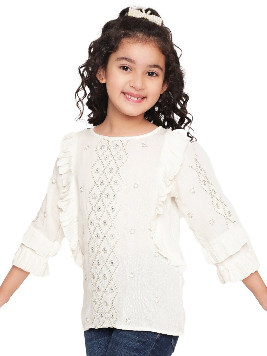 

BAESD Girls Embroidered Gathered Regular Sleeves Crepe Top, White