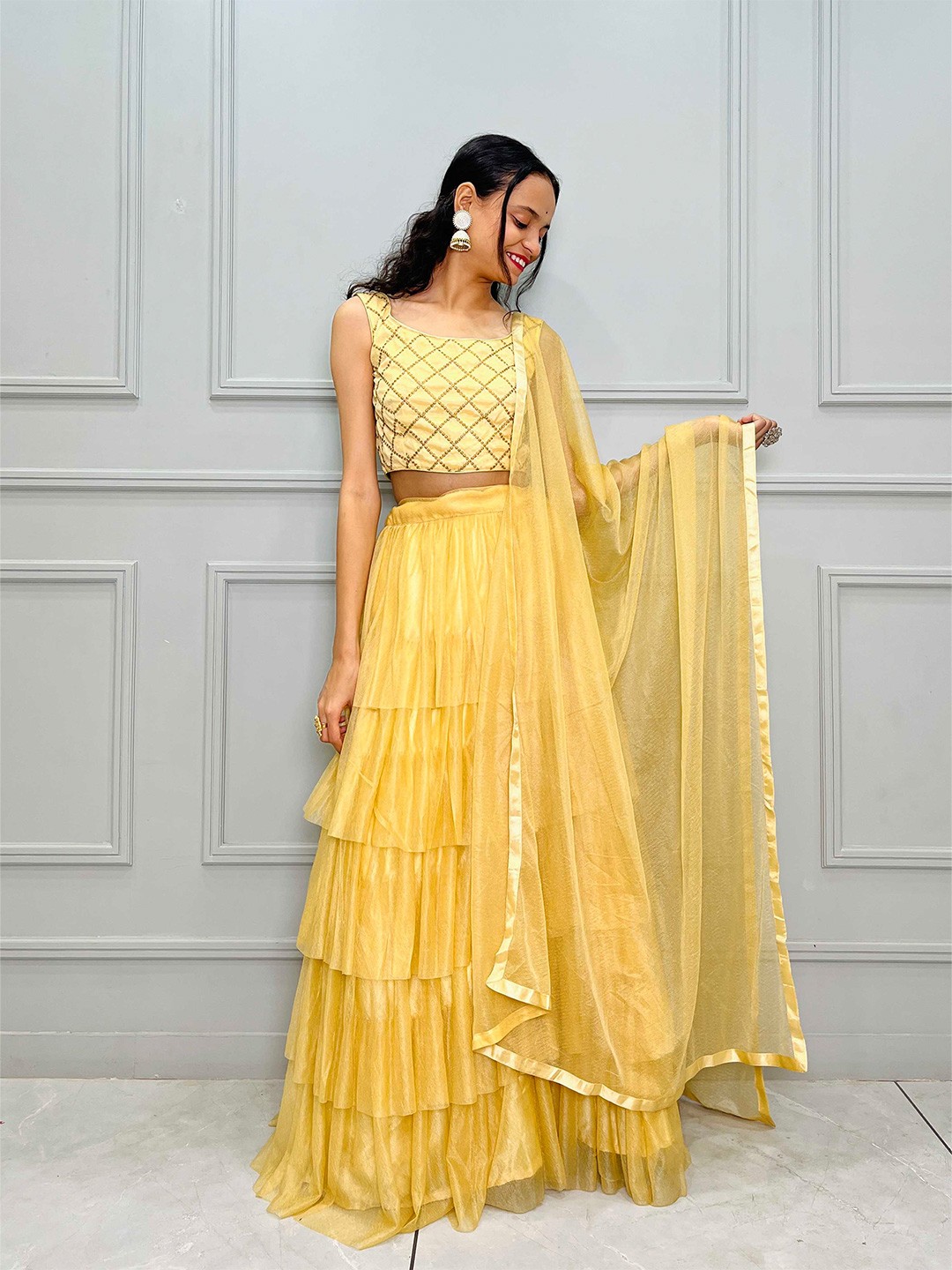 

Fabcartz Floral Embroidered Semi-Stitched Lehenga & Unstitched Blouse With Dupatta, Beige