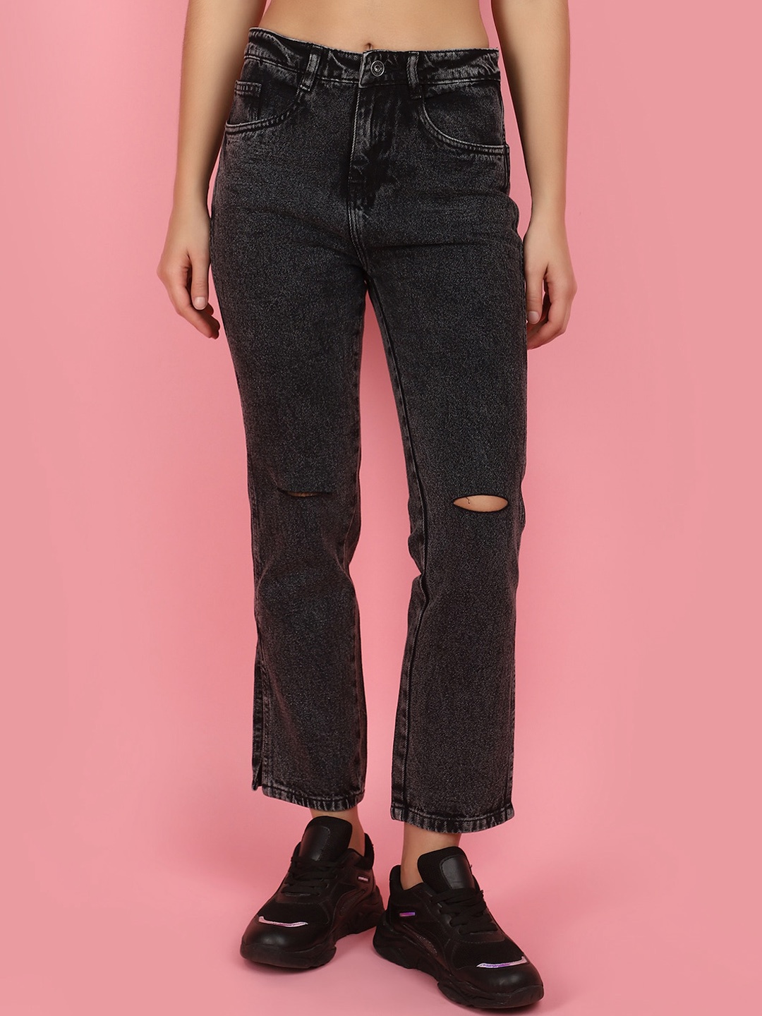 

V-Mart Women High-Rise Slash Knee Heavy Fade Jeans, Black