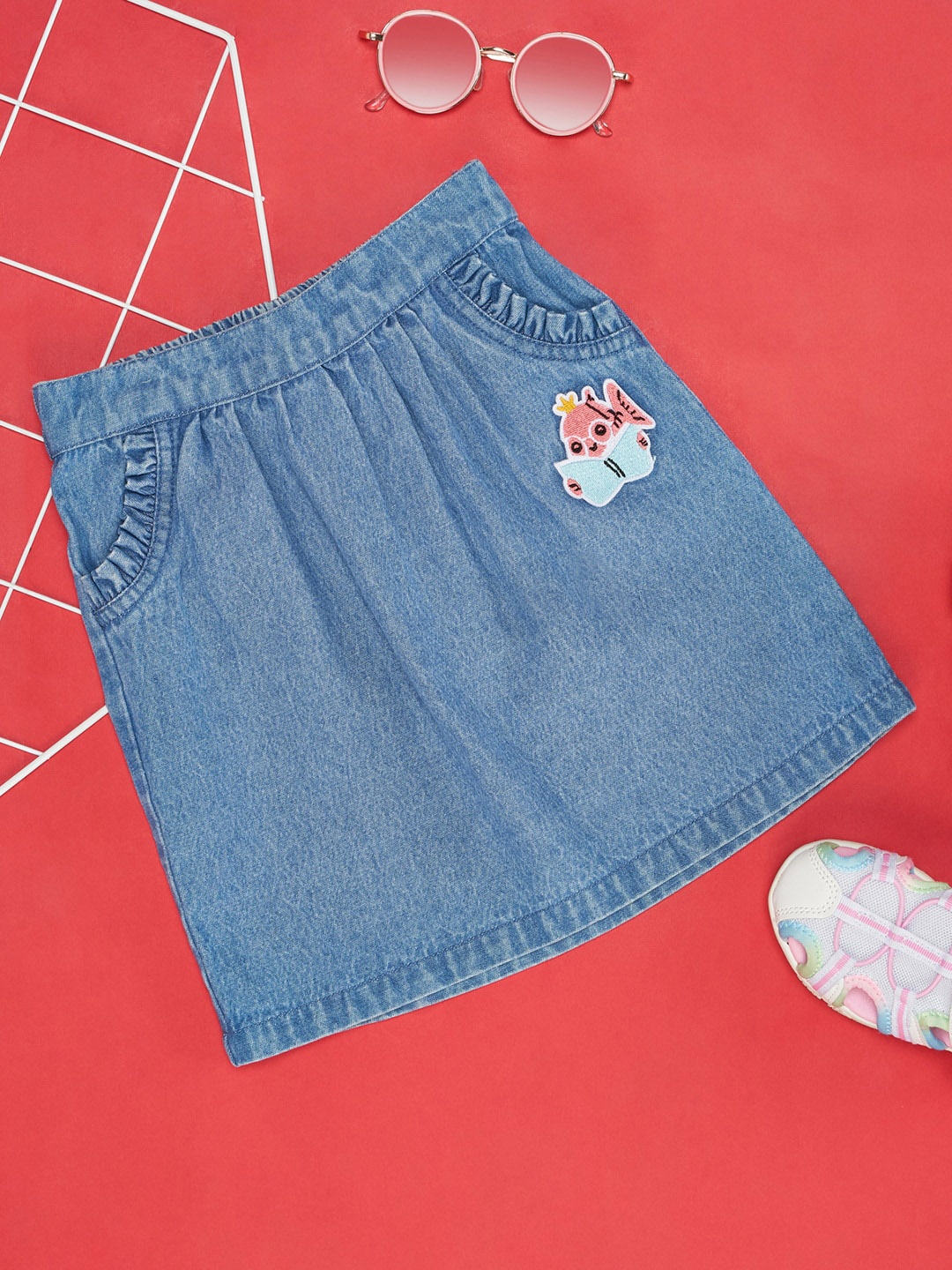 

Pantaloons Junior Girls Pure Cotton Mini A-line Denim Skirt, Blue