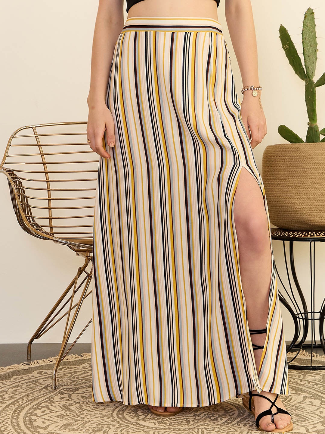 

Berrylush Beige Striped High Rise Slit Flared Maxi Skirt