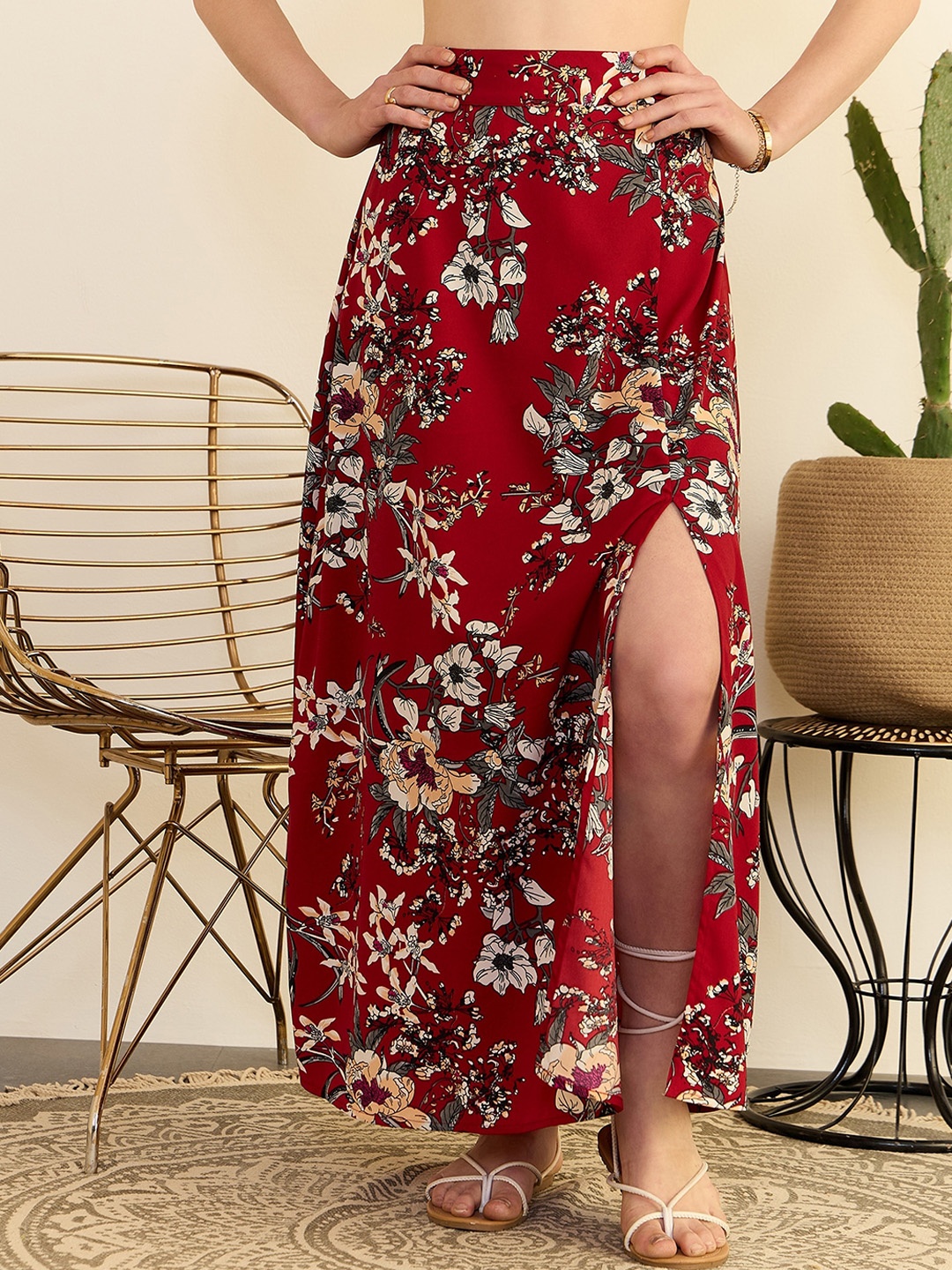 

Berrylush Floral Printed High Rise A-Line Maxi Skirt, Maroon