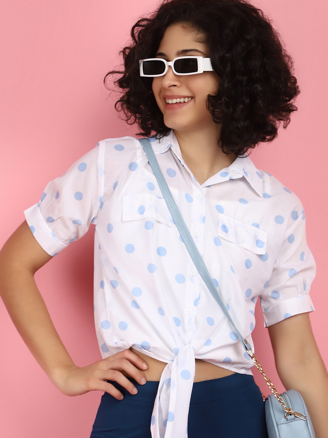 

V-Mart Polka Dots Printed Cuffed Sleeves Cotton Shirt Style Crop Top, Blue