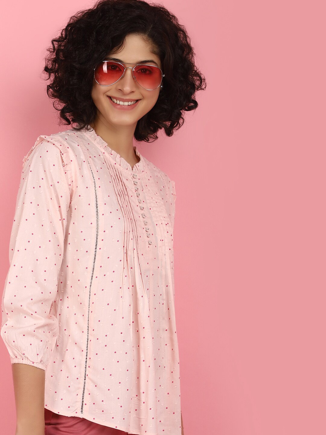 

V-Mart Polka Dots Printed Mandarin Collar Cuffed Sleeves Pleated Detail Shirt Style Top, Pink