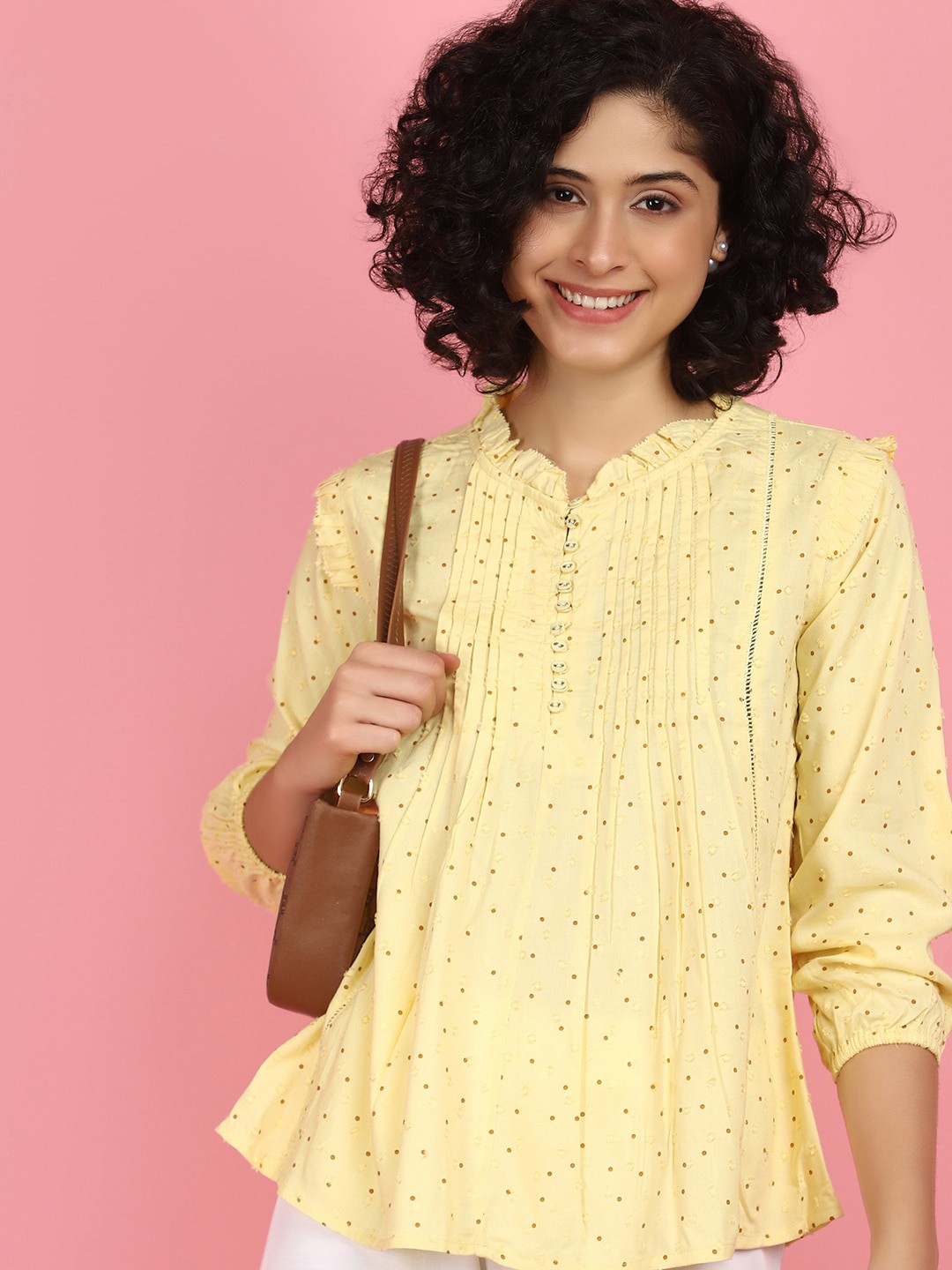 

V-Mart Polka Dots Printed Mandarin Collar Cuffed Sleeves Pleated Detail Shirt Style Top, Yellow