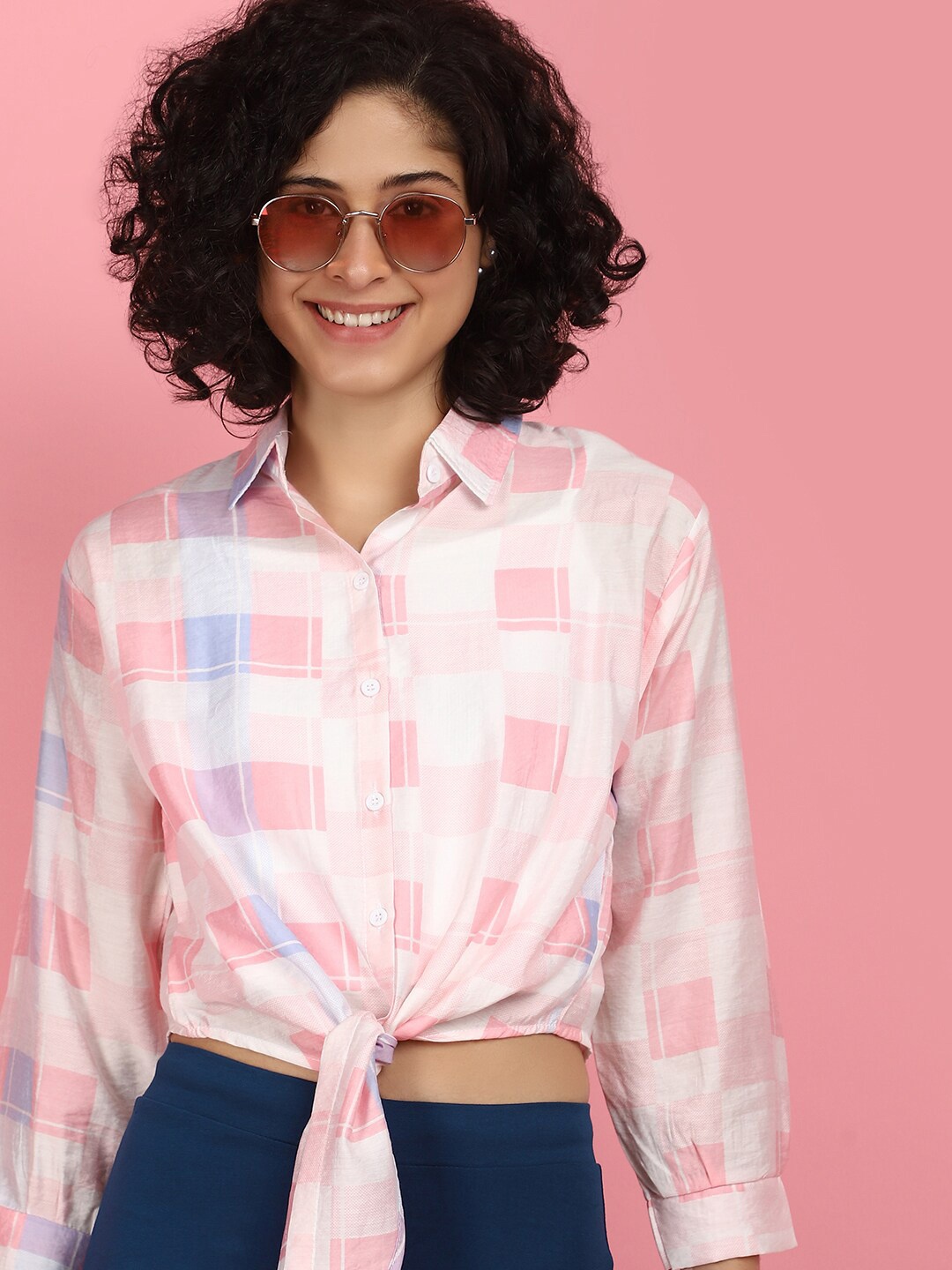 

V-Mart Checked Shirt Collar Cotton Shirt Style Crop Top, Pink