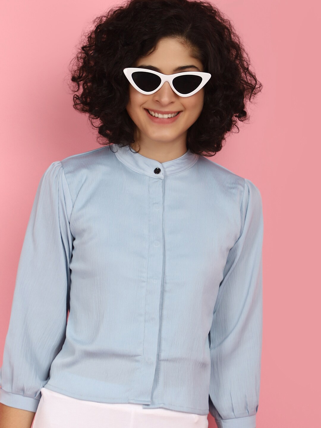 

V-Mart Mandarin Collar Cuffed Sleeves Satin Shirt Style Top, Blue