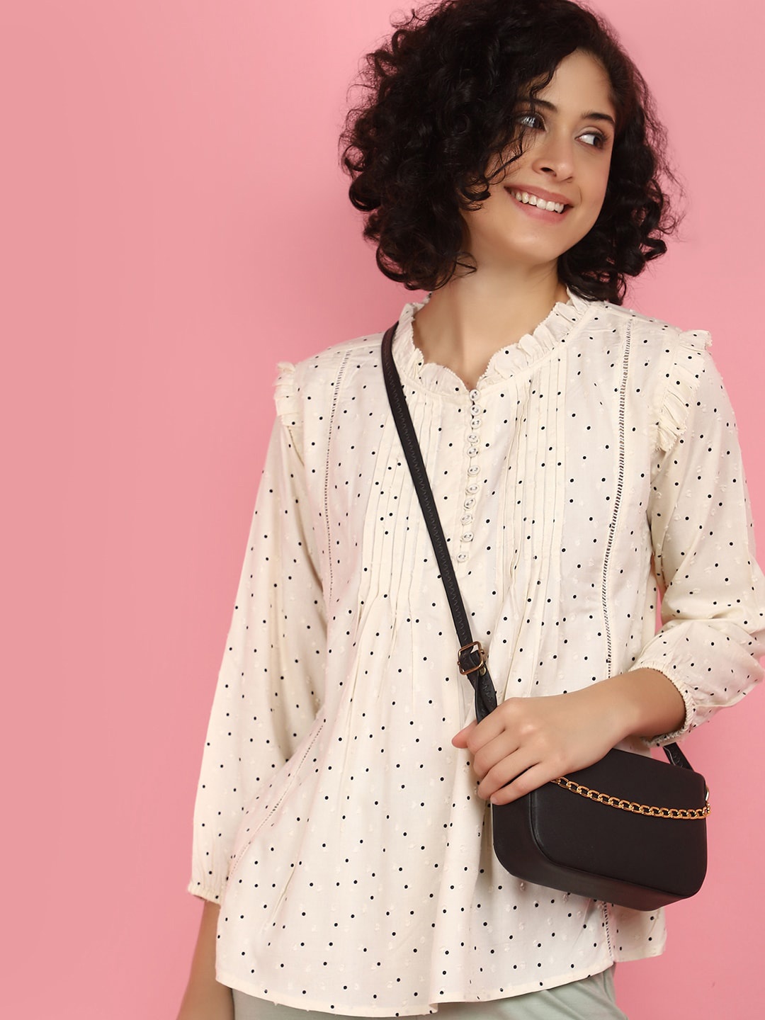 

V-Mart Polka Dots Printed Mandarin Collar Cuffed Sleeves Pleated Detail Shirt Style Top, Off white