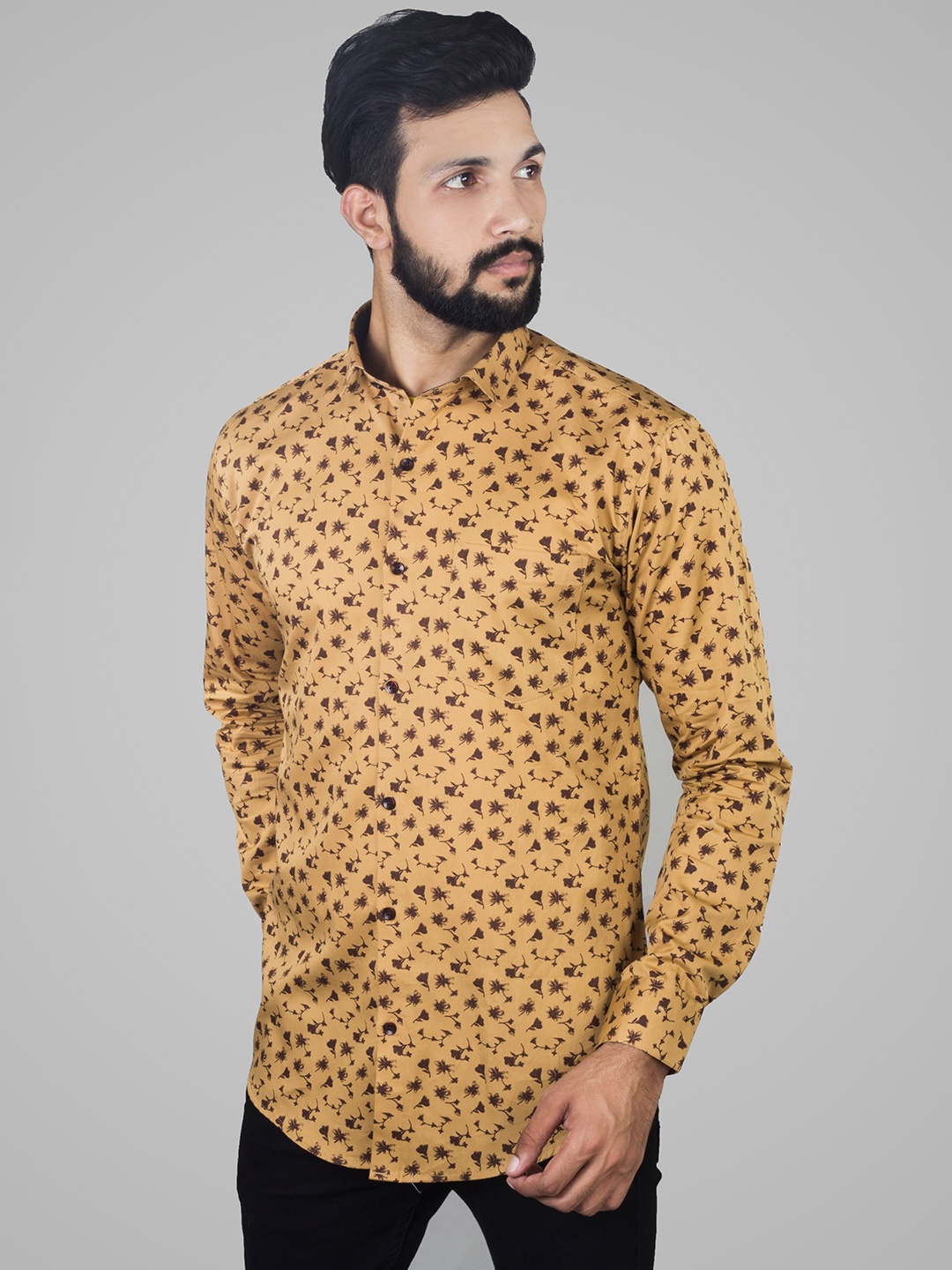 INDIAN THREADS Comfort Floral Printed Cotton Casual Shirt, Mustard