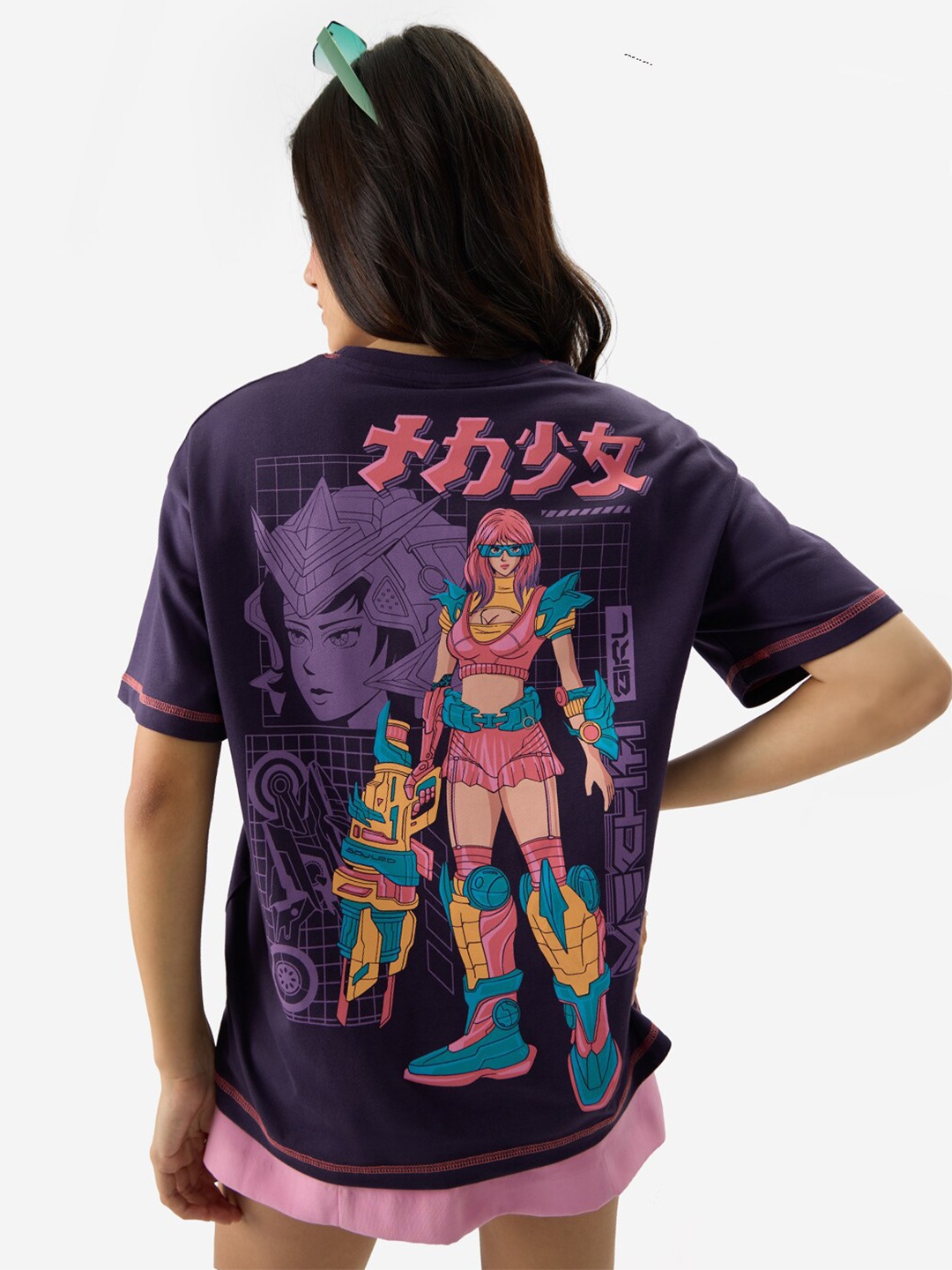 

The Souled Store Mecha Girl Graphic Printed Drop Shoulder Cotton Oversized T-shirt, Purple