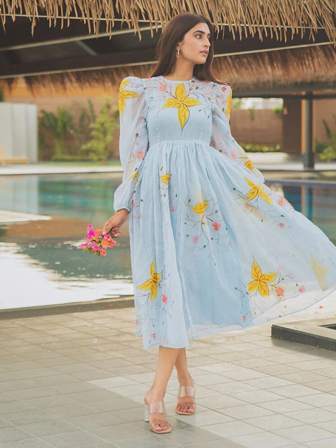 

Ambraee Floral Flared Sleeve Organic Cotton Fit & Flare Midi Dress, Blue