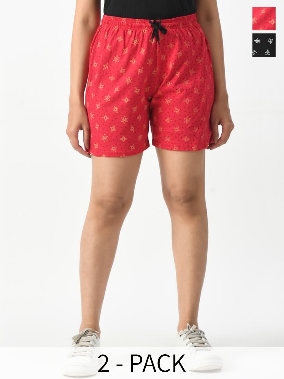 

BAESD Women Pack Of 2 Printed High-Rise Pure Cotton Shorts, Coral