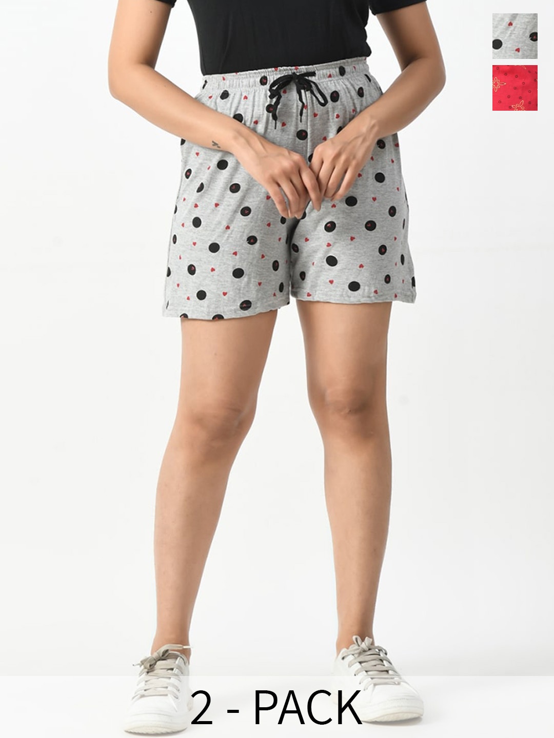 

BAESD Women Pack Of 2 Conversational Printed Pure Cotton High-Rise Shorts, Grey