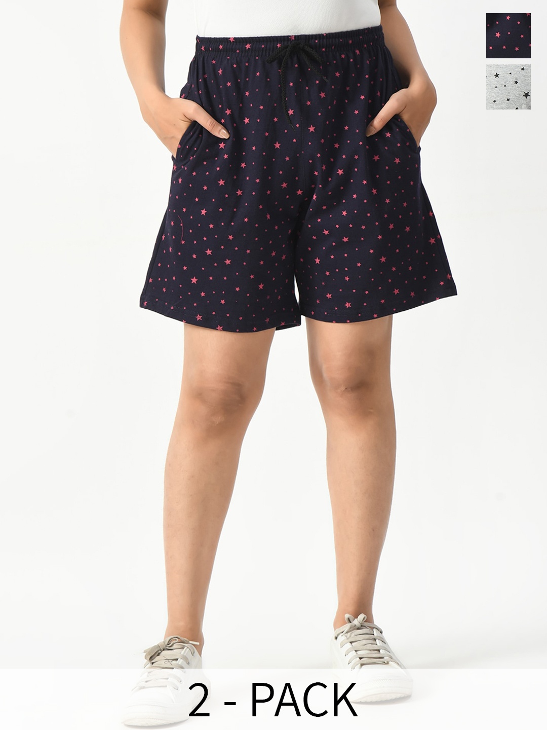 

BAESD Women Pack Of 2 Printed High-Rise Pure Cotton Shorts, Navy blue