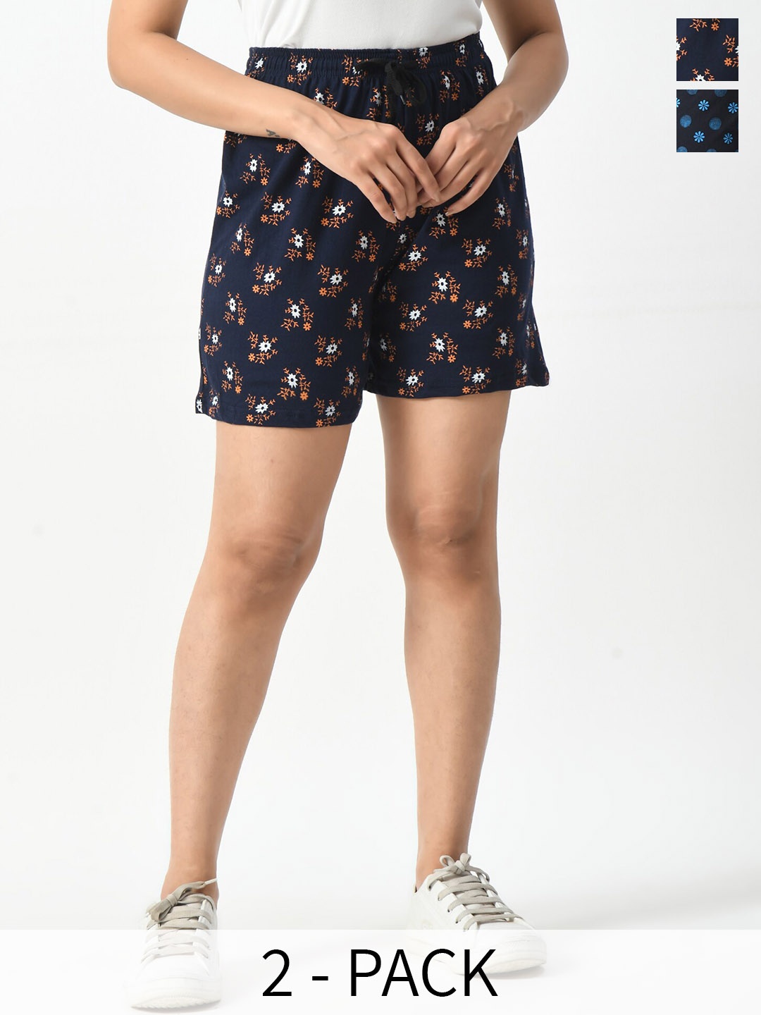 

BAESD Women Pack Of 2 Conversational Printed High-Rise Pure Cotton Shorts, Navy blue