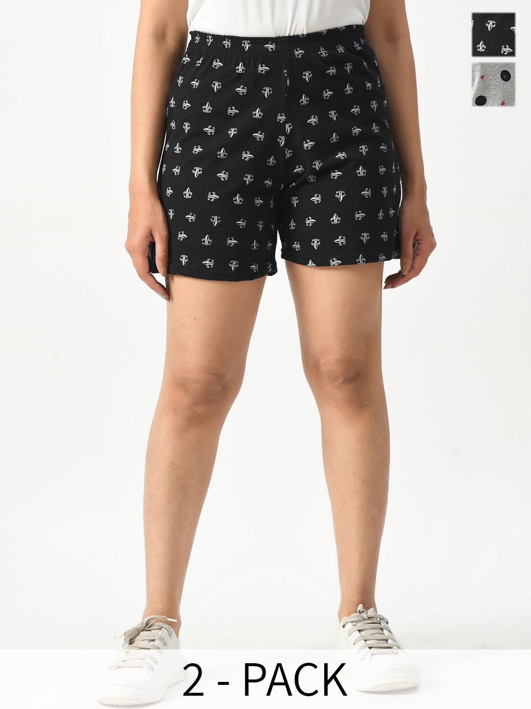 

BAESD Women Pack Of 2 Printed High-Rise Pure Cotton Shorts, Black