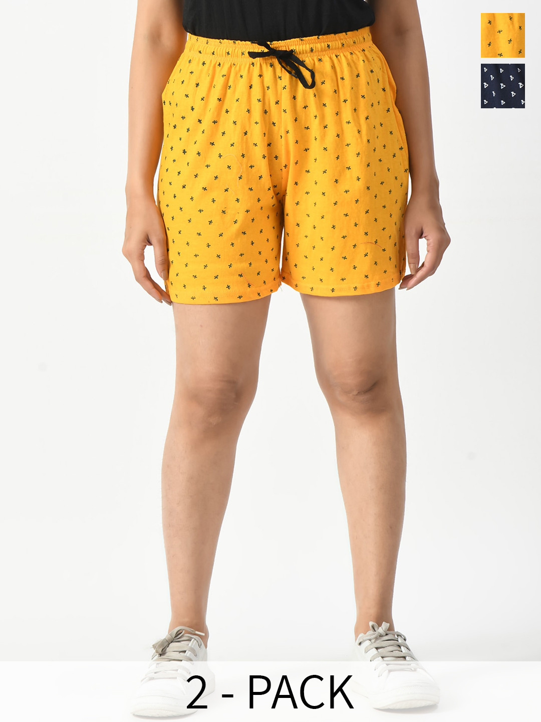 

BAESD Pack Of 2 Printed High-Rise Pure Cotton Shorts, Yellow