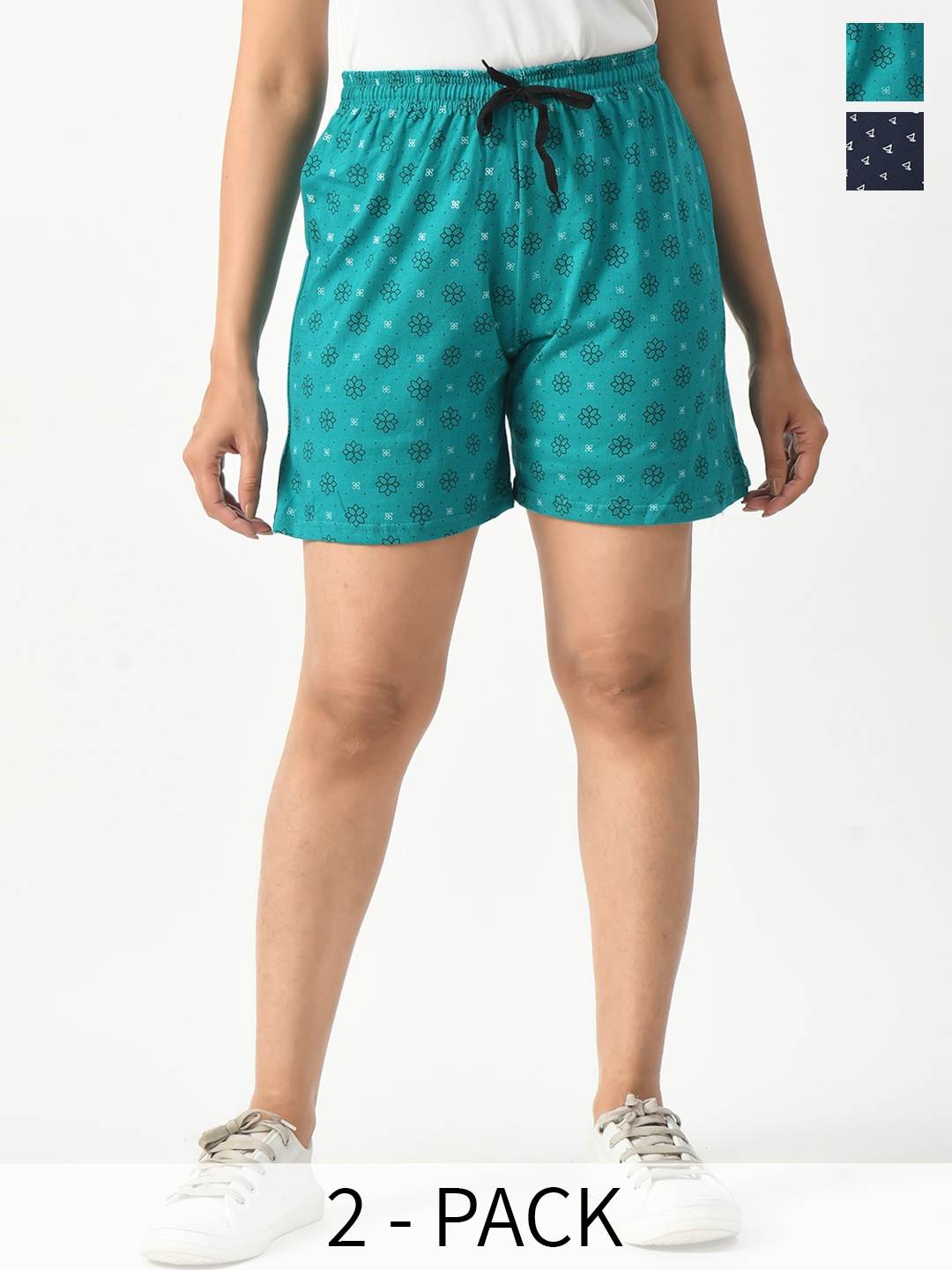 

BAESD Women Pack Of 2 Printed High-Rise Pure Cotton Shorts, Green