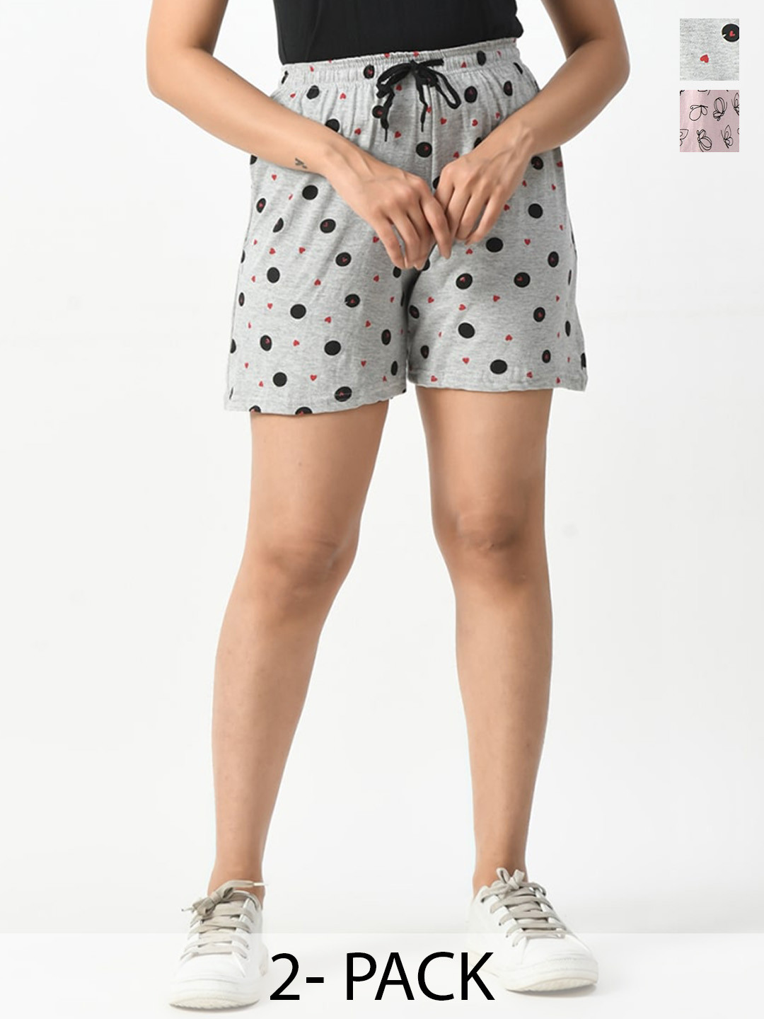 

BAESD Women Pack Of 2 Printed High-Rise Pure Cotton Shorts, Grey