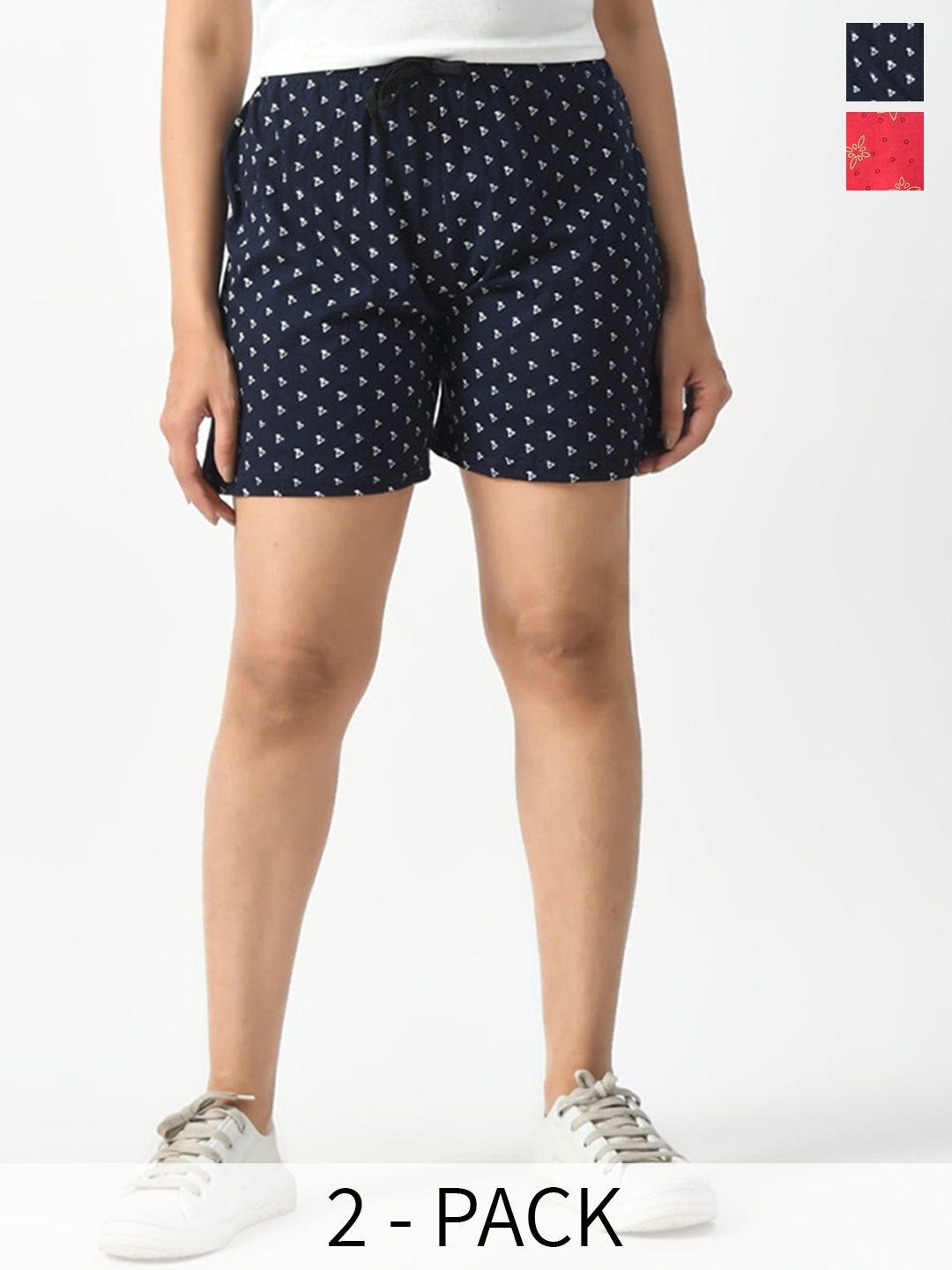 

BAESD Women Pack Of 2 Conversational Printed High-Rise Cotton Shorts, Navy blue
