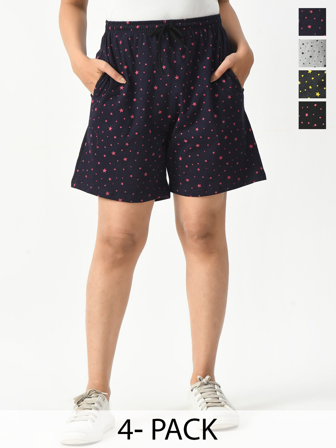 

BAESD Women Pack of 4 Geometric Printed High-Rise Pure Cotton Hot Pants, Navy blue