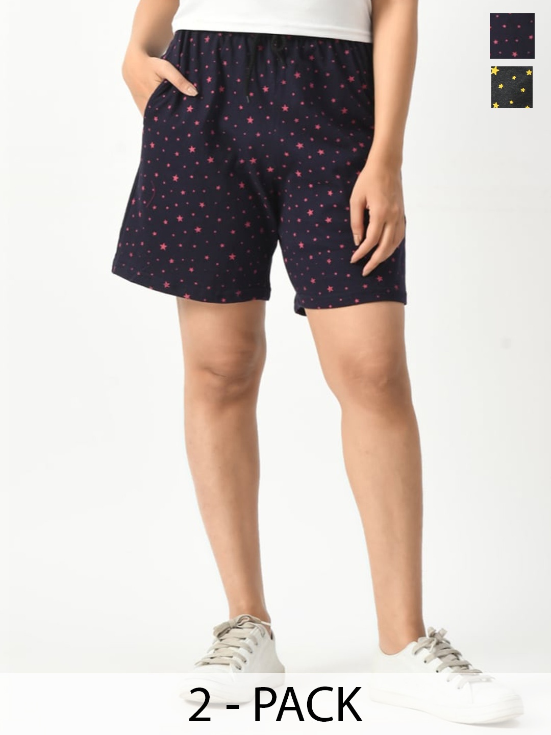 

BAESD Women Pack of 2 Geometric Printed High-Rise Pure Cotton Hot Pants, Navy blue