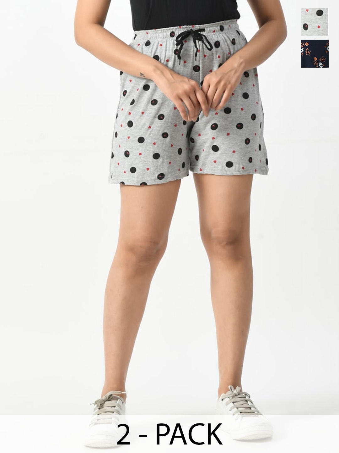 

BAESD Women Pack of 2 Floral Printed Pure Cotton High-Rise Shorts, Grey