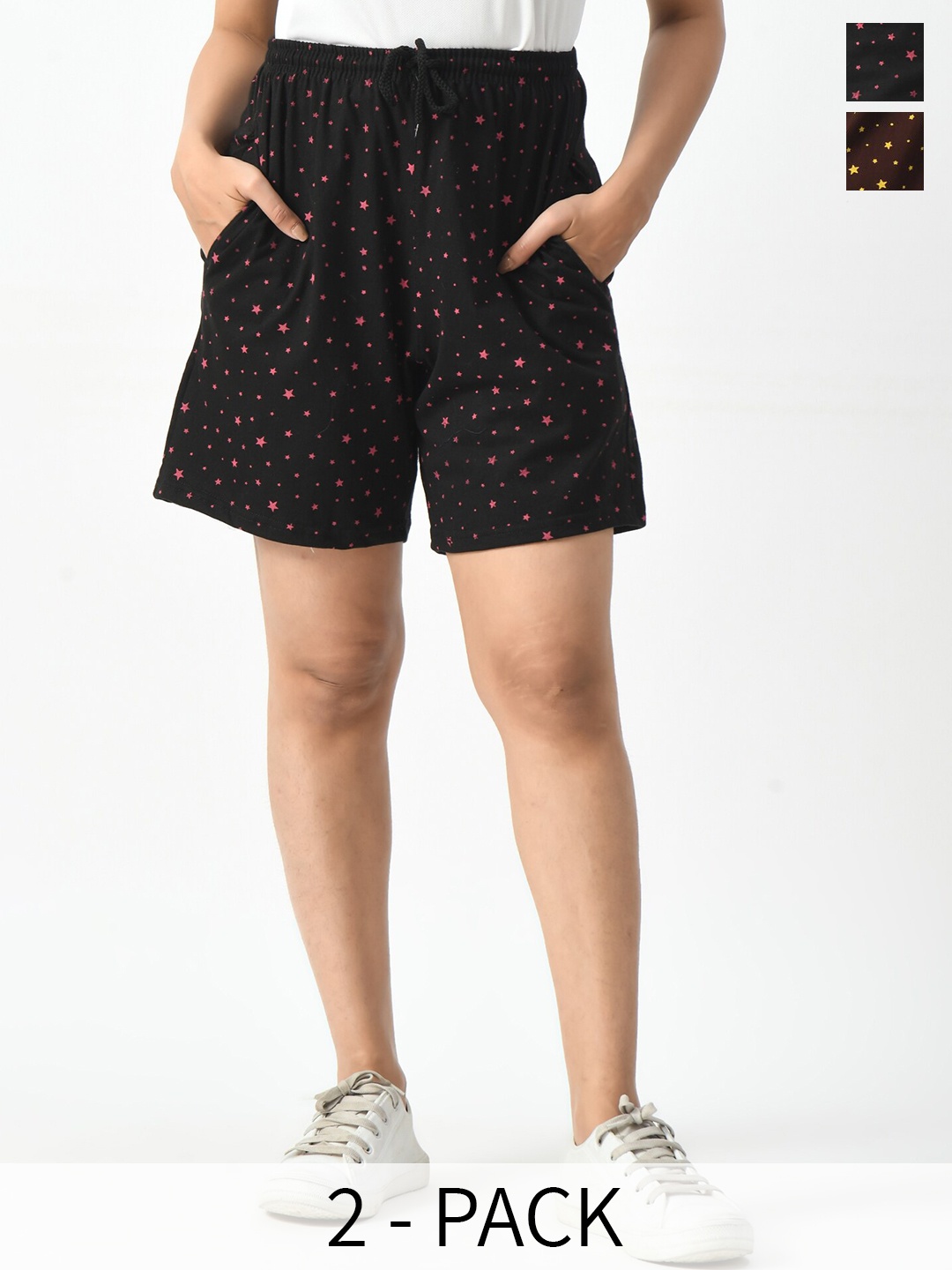 

BAESD Women Pack of 2 Geometric Printed High-Rise Pure Cotton Hot Pants, Black
