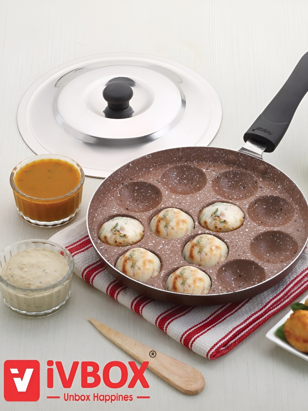 

iVBOX Black & Steel Non-Stick 12 Cavity Appam Patra With Lid