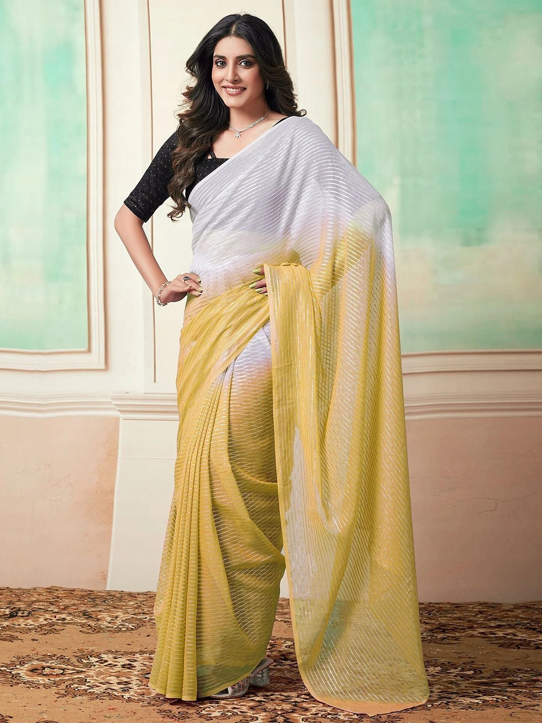 

Riddhi Textile Hub Striped Pure Georgette Ready to Wear Leheriya Saree, Yellow