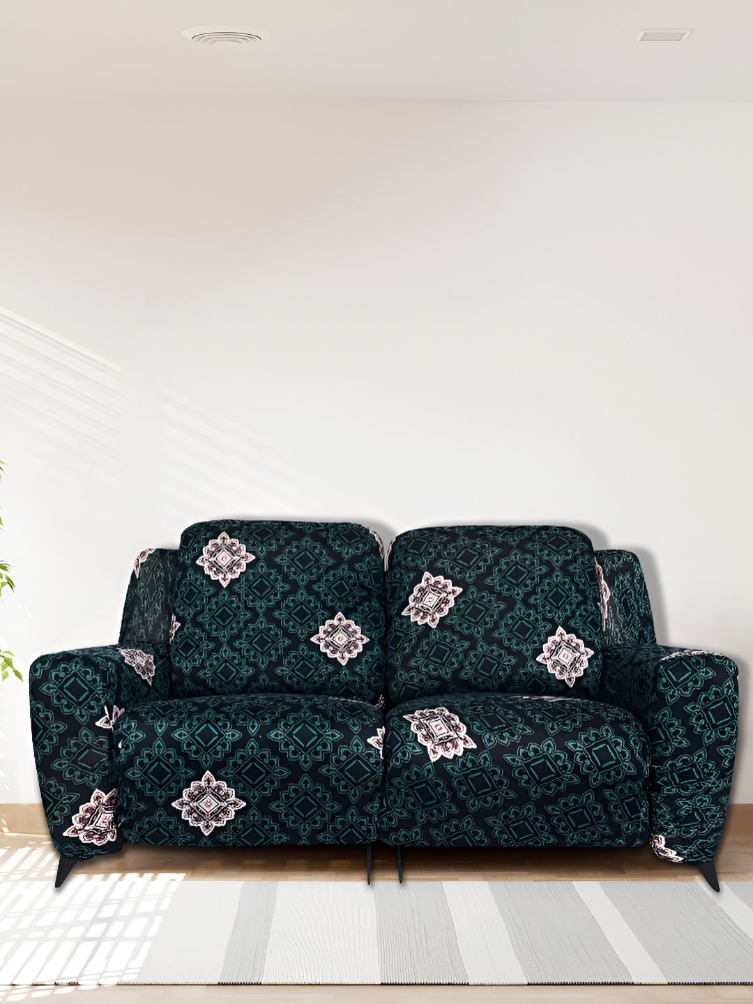 

HOUSE OF QUIRK Recliner 2-Seater Green Printed Polyester Sofa Cover with Arms