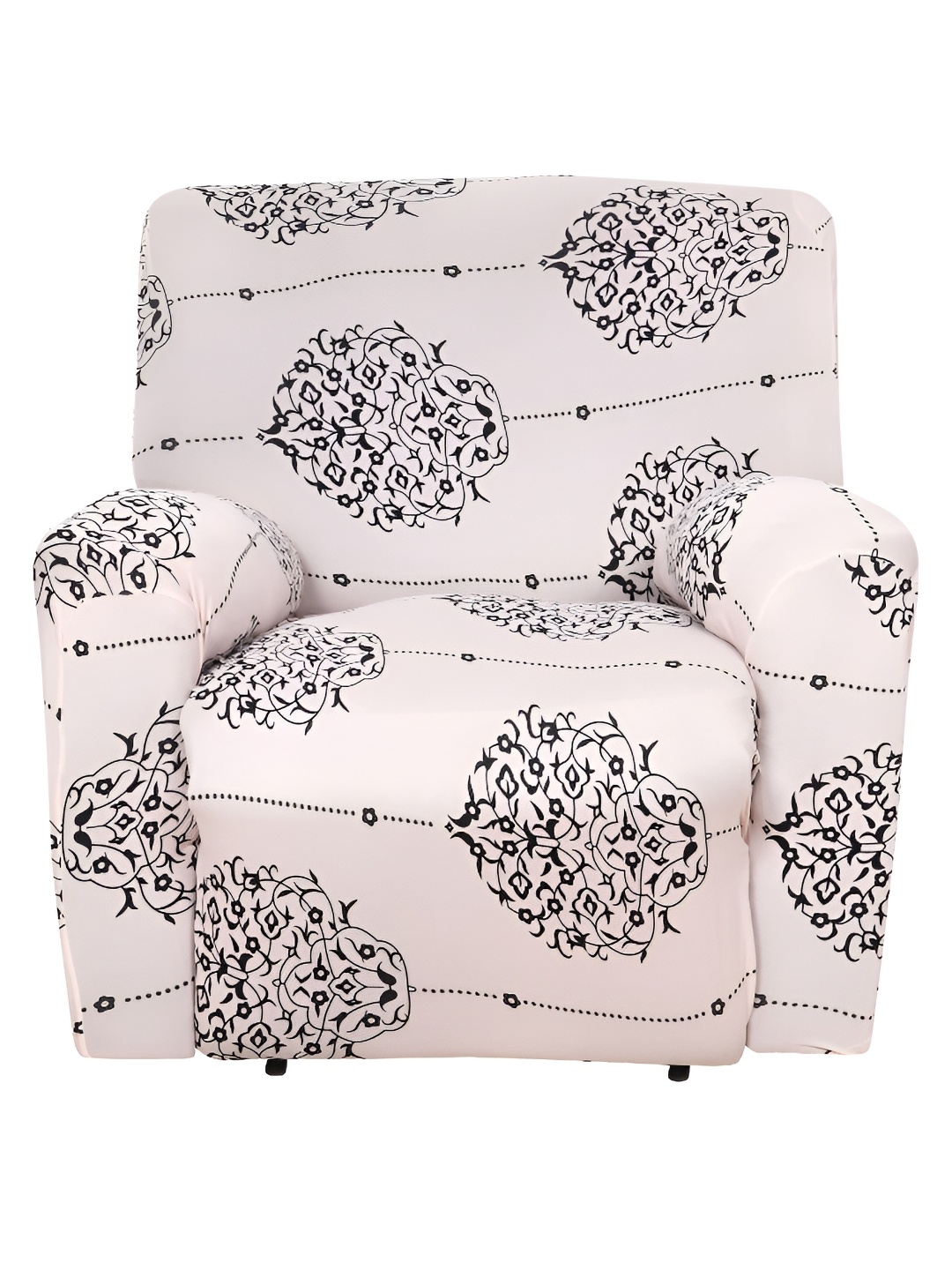 

HOUSE OF QUIRK Recliner 1 Seater Cream-Coloured & Black Printed Sofa Cover With Arms