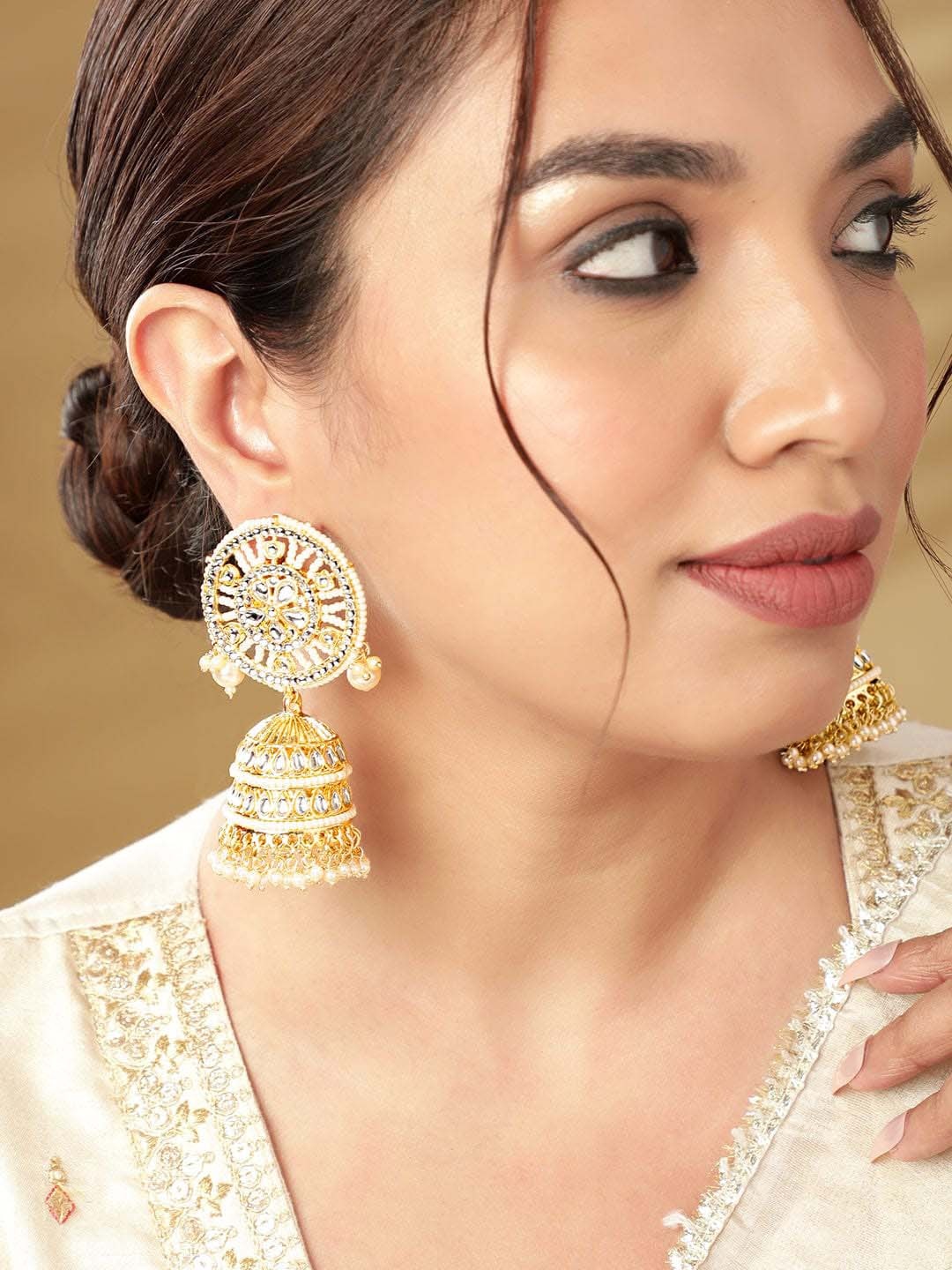 

Rubans 22K Gold Plated Kundan Studded & Pearl Beaded Handcrafted Circular Long Jhumkas