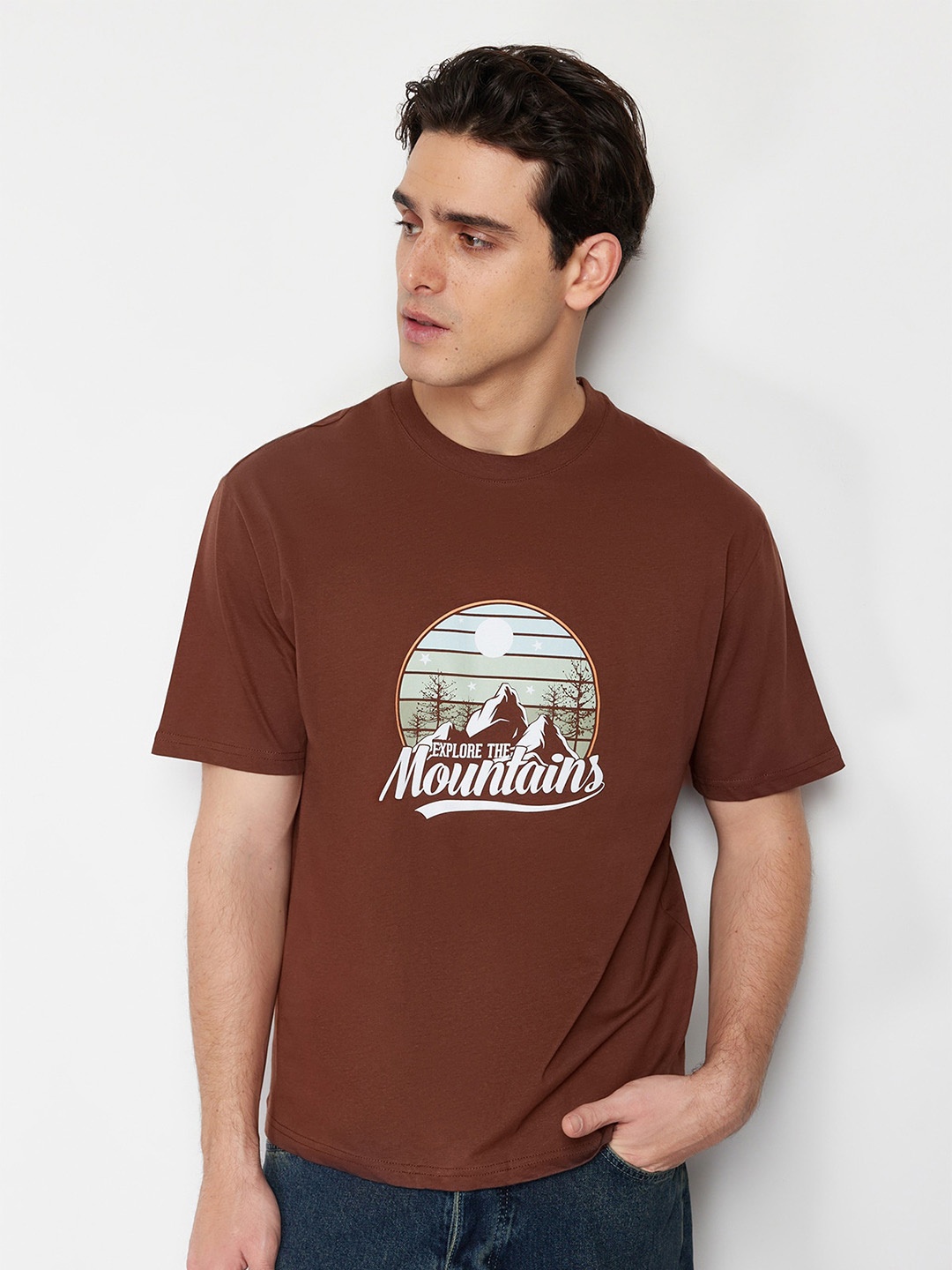 

Trendyol Round Neck Typography Printed Cotton T-shirt, Brown