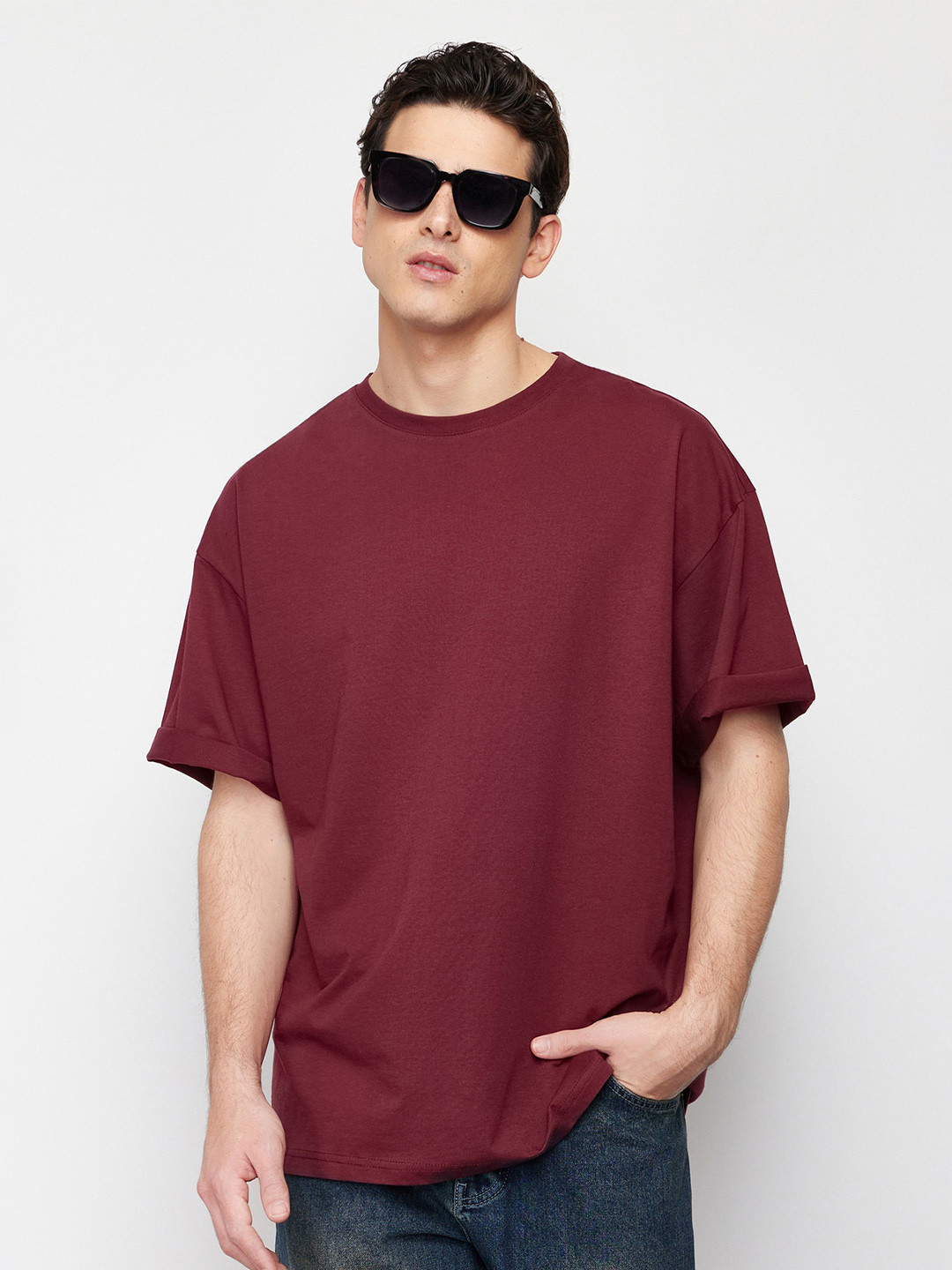 

Trendyol Drop-Shoulder Sleeves Cotton T-shirt, Maroon