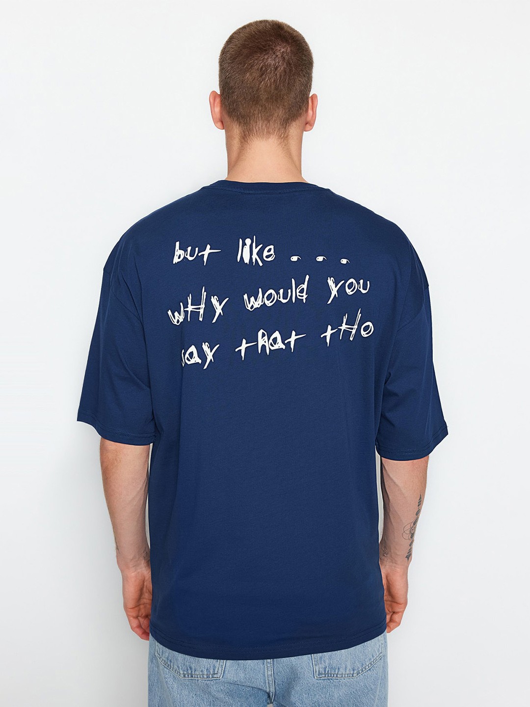 

Trendyol Round Neck Typography Printed Cotton T-shirt, Blue