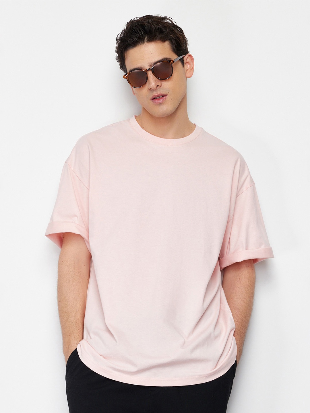 

Trendyol Round Neck Drop-Shoulder Sleeves Cotton Casual T-shirt, Pink