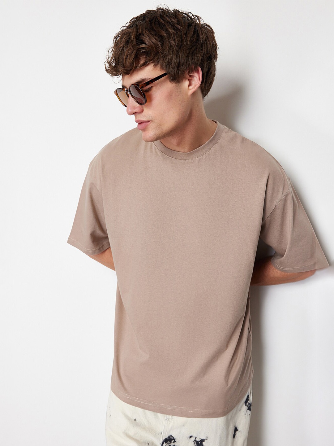 

Trendyol Regular Fit Short Sleeves Round Neck Cotton T-shirt, Beige