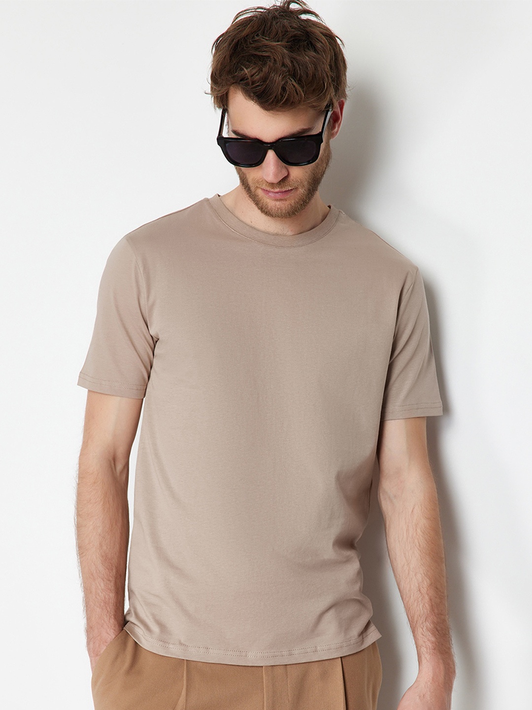 

Trendyol Round Neck Short Sleeves Cotton T-shirt, Beige