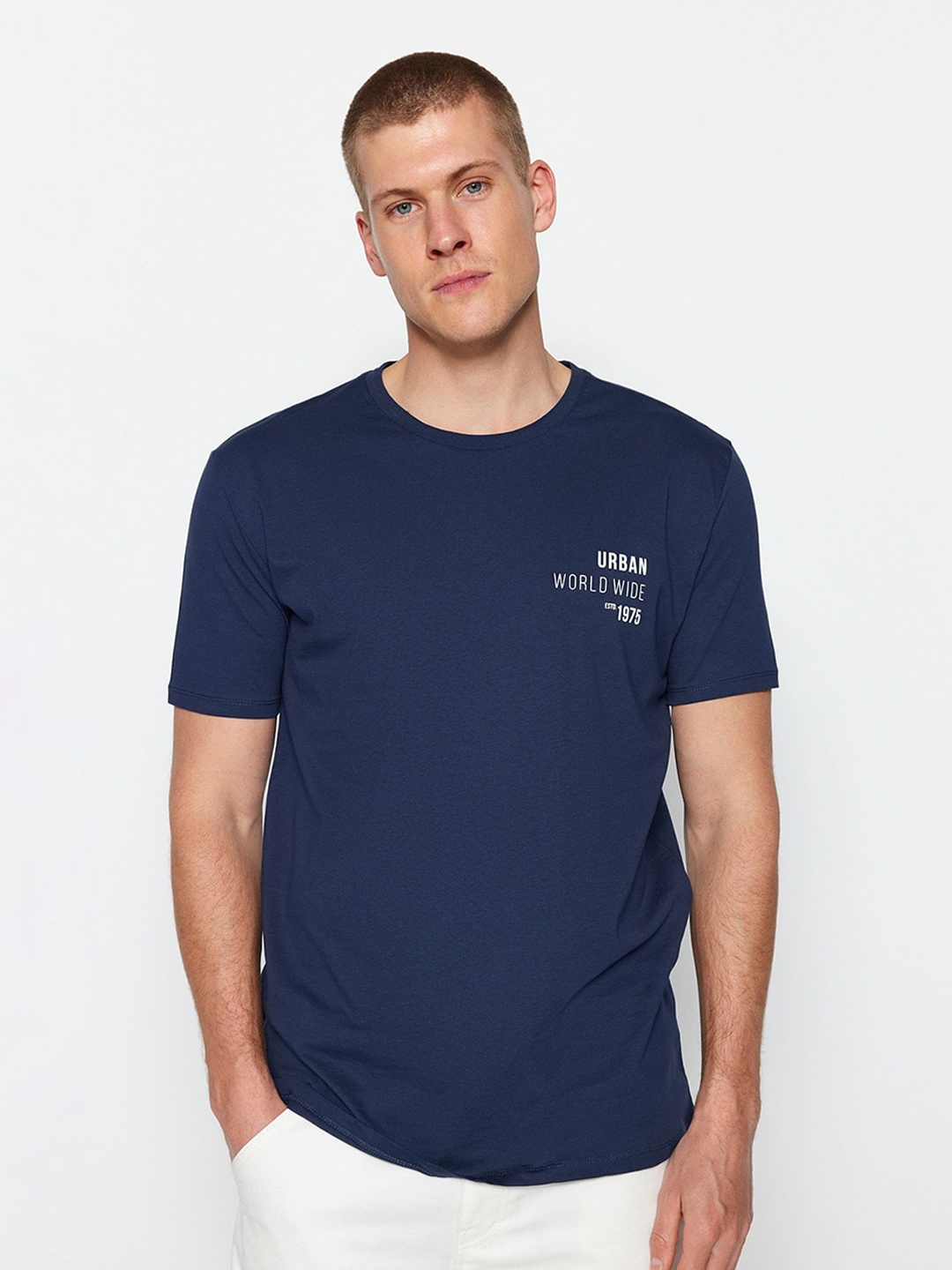 

Trendyol Round Neck Short Sleeves Typography Printed Cotton T-shirt, Navy blue