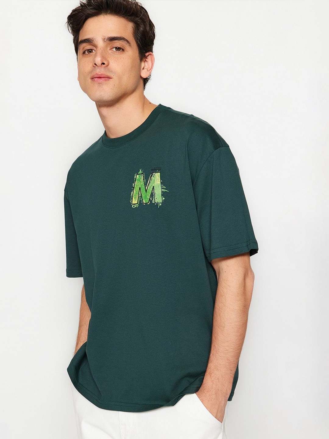 

Trendyol Printed Drop-Shoulder Sleeves Round Neck T-shirt, Green