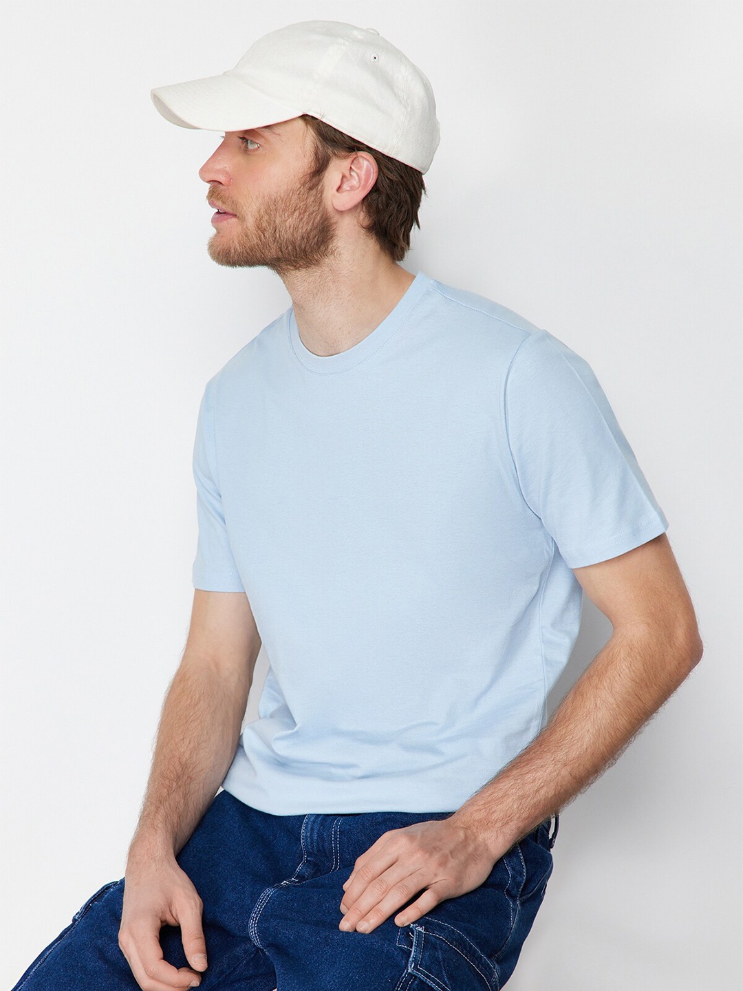 

Trendyol Round Neck Short Sleeves Cotton Cotton Casual T-shirt, Blue