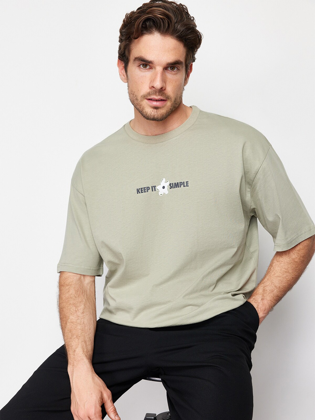 Trendyol Round Neck Typography Printed Cotton T-shirt, Grey