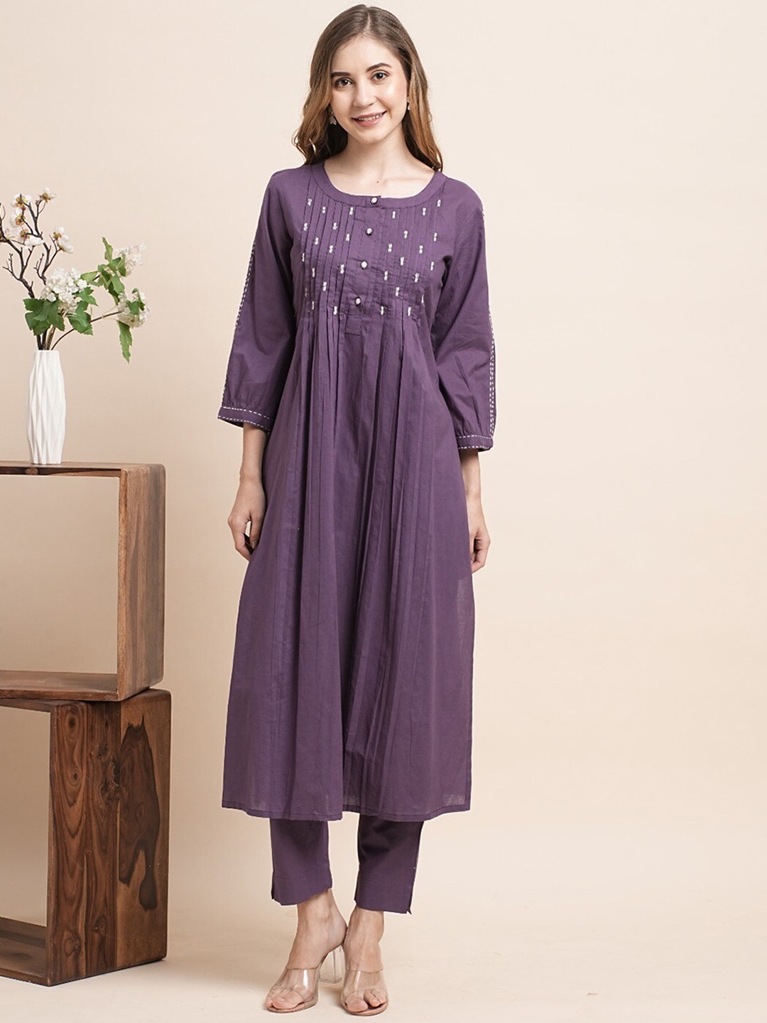 

KALINI Yoke Design Pleated Thread Work Pure Cotton Straight Kurta with Trousers, Purple