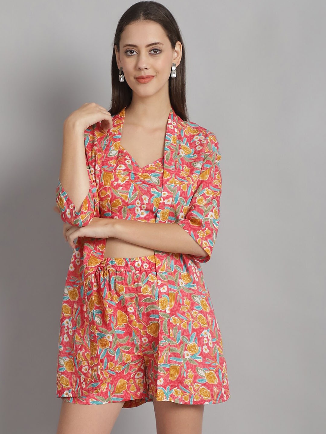 

Frempy 3-Pcs Floral Printed Pure Cotton Top Shorts With Shrug Co-Ords, Yellow