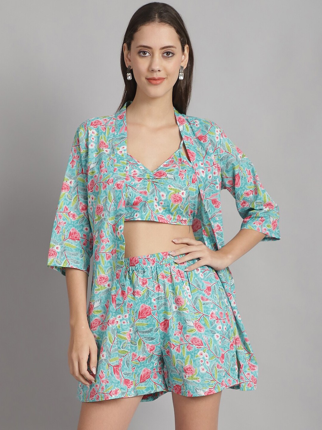 

Frempy Printed Pure Cotton Top Shrug & Short, Turquoise blue