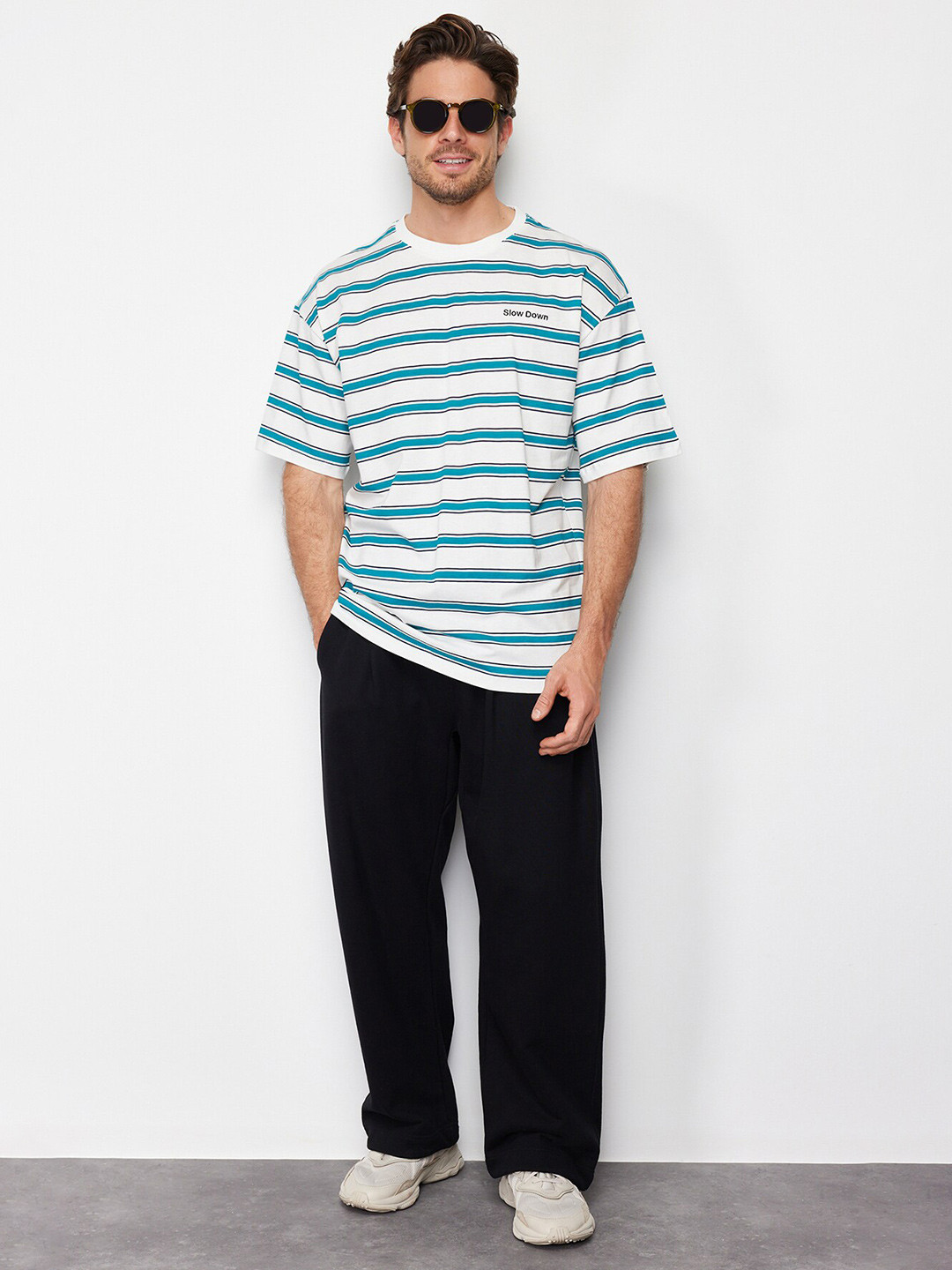 

Trendyol Striped Printed Drop-Shoulder Sleeves Cotton Casual T-shirt, White