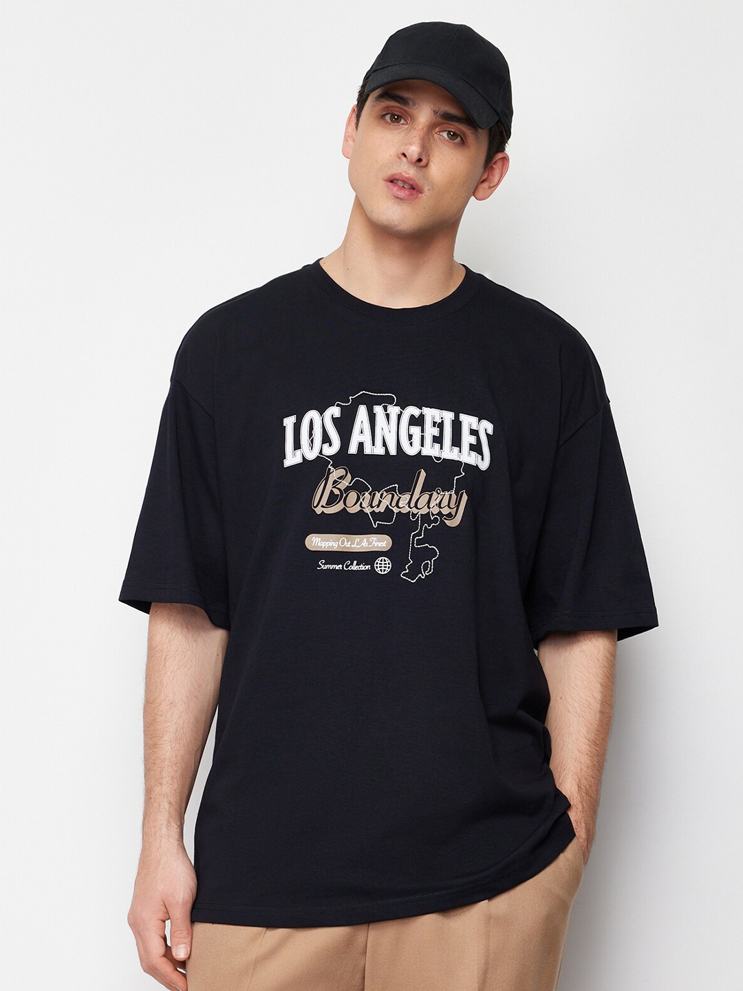 

Trendyol Typography Printed Drop-Shoulder Sleeves Cotton Casual T-shirt, Black