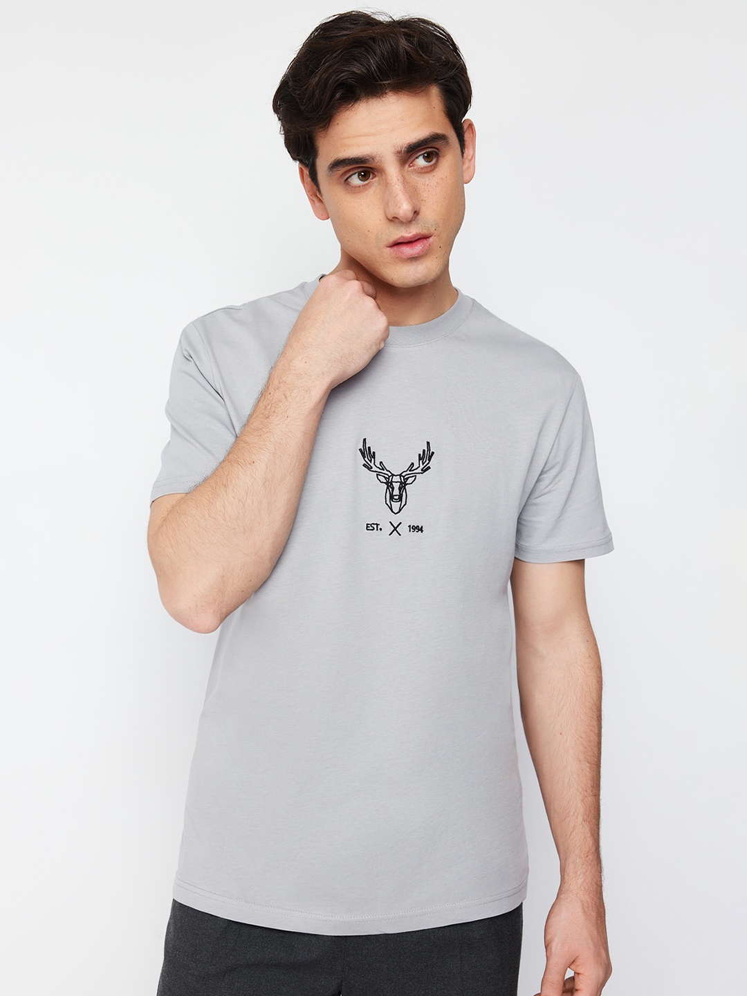 

Trendyol Round Neck Typography Printed Cotton T-shirt, Grey