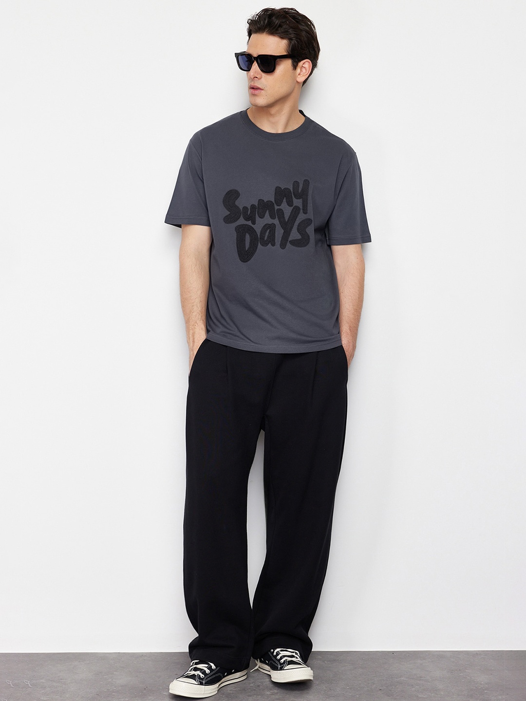 Trendyol Typography Printed Round Neck Cotton Casual T-shirt, Grey